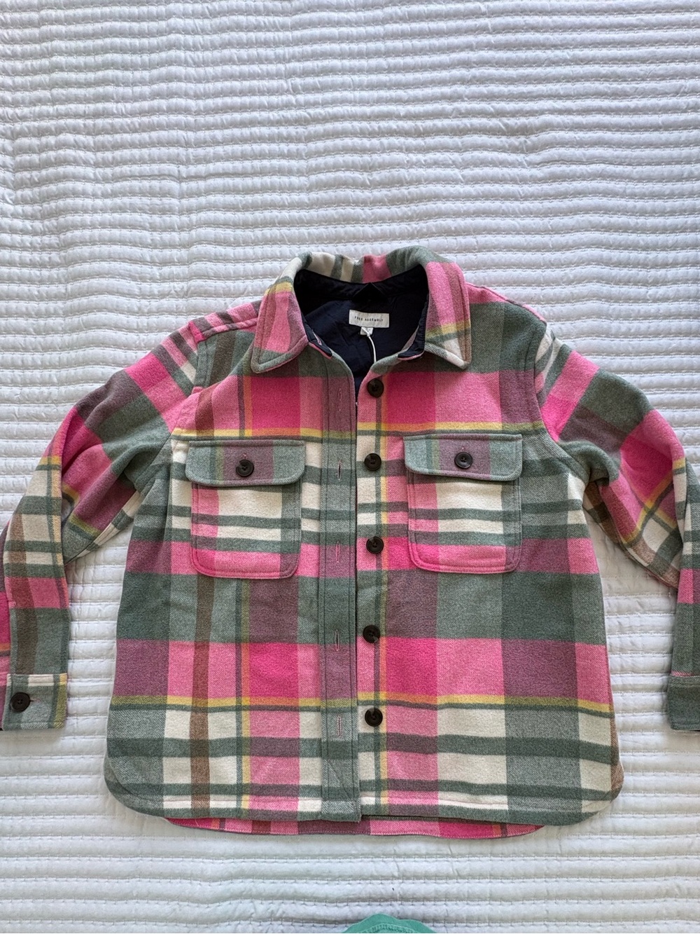 Plaid Button-Front Pea Coat Jacket - Pink & Green